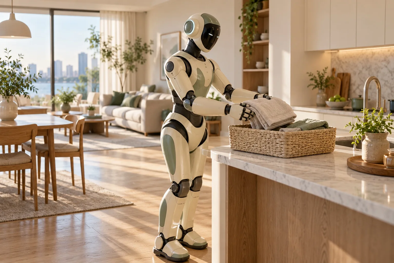 Future household organization with a humanoid robot (AI concept, not a manufacturer product)