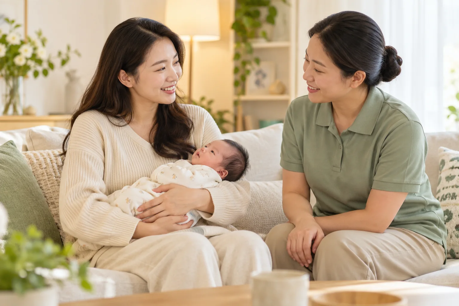AI concept of a mother talking with a home childcare professional