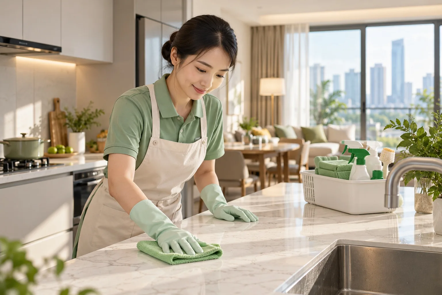 A home cleaner cleaning a kitchen (AI-generated concept)