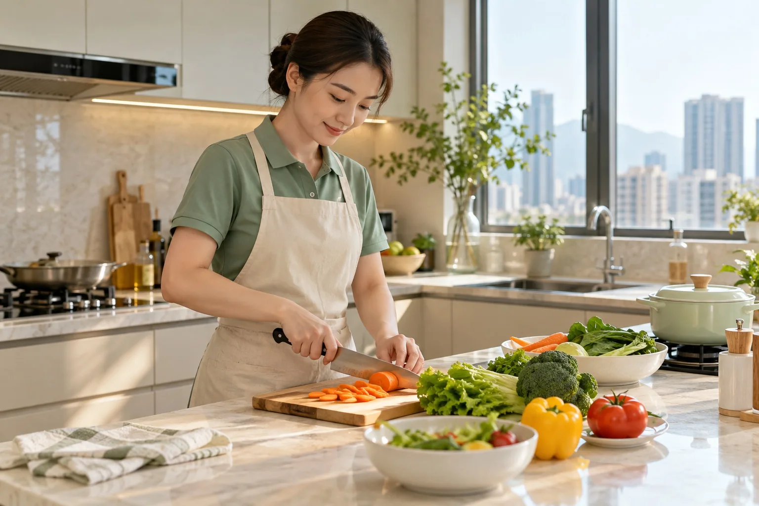 A housekeeper preparing a meal (AI-generated concept)
